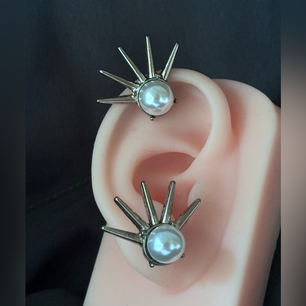Gothic Punk Spike Stud Earrings with Faux Pearl Statement Pieces